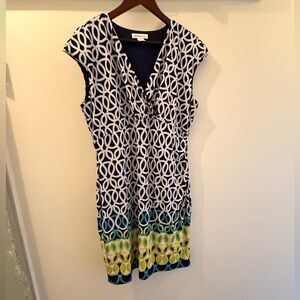 Liz Claiborne Navy and Yellow Geometric Midi Dress